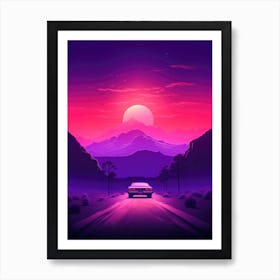 Synthwave Retro Neon Car Landscape Sunset Art Print