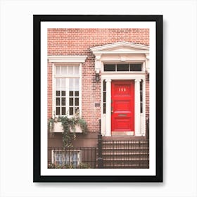 New York, USA I NYC red door photography from a loft house to the brick architecture of a New Yorker home in Brooklyn, Manhattan for a cozy Home sweet Home with an autumnal aesthetic like a film set decor Art Print