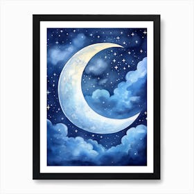 Young moon on starry night sky, watercolor Art Print