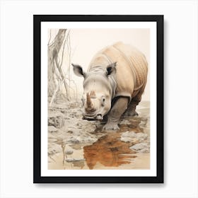 Vintage Illustration Of A Rhino In The Lake  3 Art Print