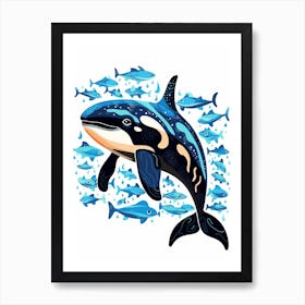 Orca Whale Pattern With Fish Blue 2 Art Print