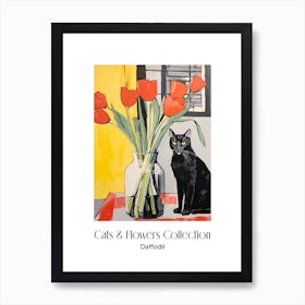 Cats & Flowers Collection Daffodil Flower Vase And A Cat, A Painting In The Style Of Matisse 5 Art Print