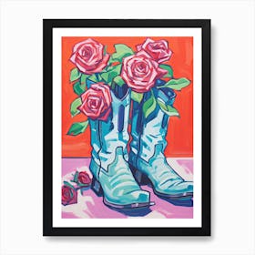 A Painting Of Cowboy Boots With Roses Flowers, Fauvist Style, Still Life 1 Art Print