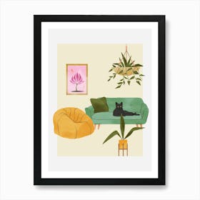 Living Room With Cat Art Print
