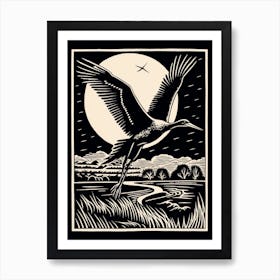 B&W Bird Linocut Stork 4 Art Print