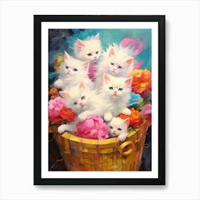 White Kittens In A Basket Kitsch 3 Art Print