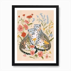 Folksy Floral Animal Drawing Snow Leopard Art Print