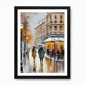 Paris cafes, winter season, Christmas, autumn oil colors, pale colors, pedestrians in the street, winter clothes, falling snow.Christmas decorations.13 1 Art Print