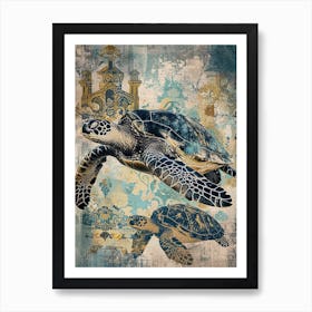 Ornamental Blue & Gold Sea Turtles Art Print