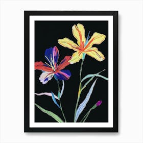 Neon Flowers On Black Flax Flower 2 Art Print