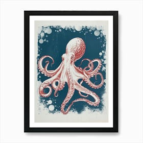 Red Linocut Inspired Octopus 3 Art Print