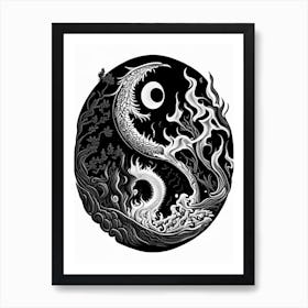 Fire And Water Yin and Yang 1 Linocut Art Print