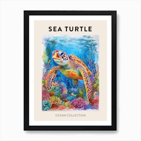Colourful Sea Turtle On The Magical Ocean Floor Pencil Illustration Poster Art Print
