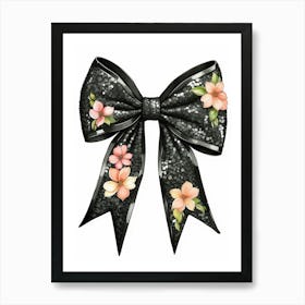 Black Bow With Pink Flowers Art Print