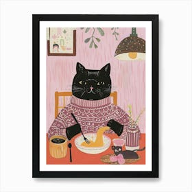 Black Cat Eating Pasta Folk Illustration 4 Art Print