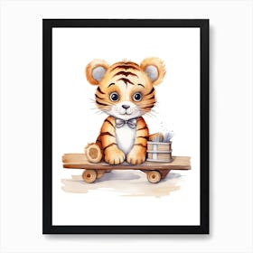 Baby Tiger On A Toy Car, Watercolour Nursery 7 Art Print