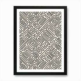 Mod Art Geometric Doodle Maze Grid Black Line Art on Cream White Art Print