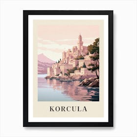 Korcula Croatia 3 Vintage Pink Travel Illustration Poster Art Print