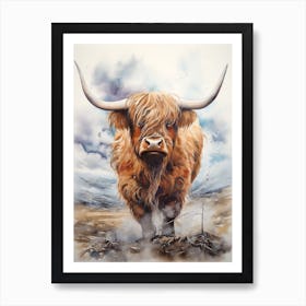 Watercolour Of Highland Cow In The Storm 5 Art Print