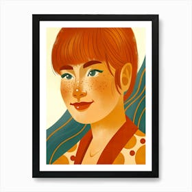 Asian Woman Girl with Red Hair, Freckles, Cheeks, Green Eyes, Illustration Art Print