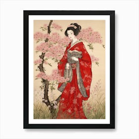 Nadeshiko Dianthus Vintage Japanese Botanical And Geisha Art Print