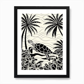 Modern Digital Sea Turtle Illustration Palm Trees 5 Art Print