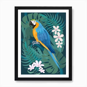 Blue And Gold Macaw Parrot With Tropical Leaves Art Print