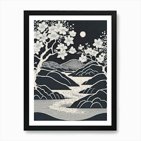 Cherry Blossoms In Full Bloom By A Gentle Stream Ukiyo-E Style Art Print