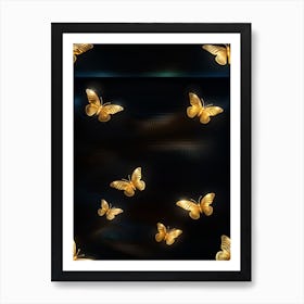 Gold Butterflies On Black Background Art Print