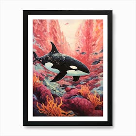 Orca Whale Pink Coral And Fish Art Print