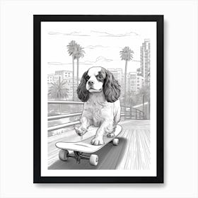 Cavalier King Charles Spaniel Dog Skateboarding Line Art 2 Art Print