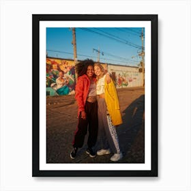 Best Friends Embracing Capturing An Intimate Candid Moment Smiles Creasing Their Faces One Drape (4) Art Print