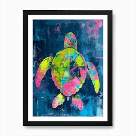 Pink & Green Sea Turtle On Blue Background Art Print