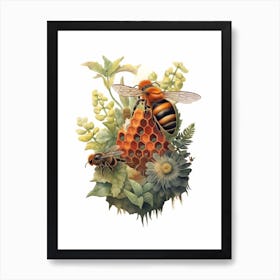 Red Tailed Cuckoo Bee Beehive Watercolour Illustration 2 Art Print