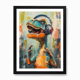 Green Orange Blue Dinosaur With Headphones On 2 Art Print