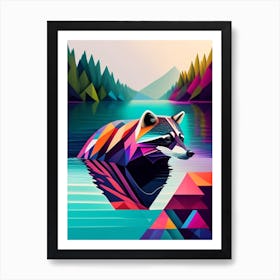 Raccoon Swimming In River Modern Geometric 3 Art Print