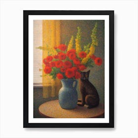 Snapdragons With A Cat 2 Pointillism Style Póster