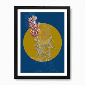 Vintage Botanical Red Dragon Flowers on Circle Yellow on Blue Art Print