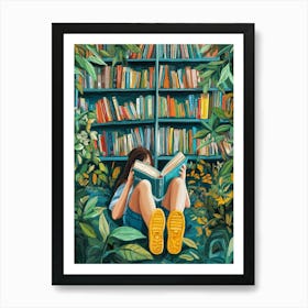 A Girl Lying On Their Back Reading Books With Yellow Rubber Shoes Placed Under Their Feet Surrounded By Various Bookshelves Filled With Colorful Books Art Print