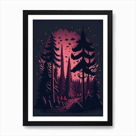 A Fantasy Forest At Night In Red Theme 2 Art Print