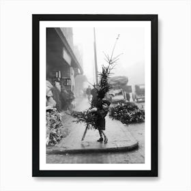 Little Boy With Christmas Tree, Vintage Black and White Old Photo Art Print