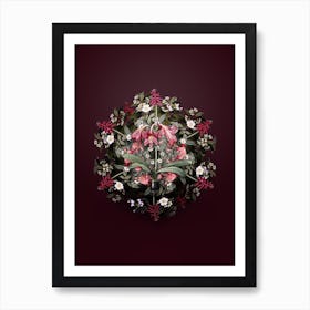 Vintage Netted Veined Amaryllis Flower Wreath on Wine Red n.1280 Art Print