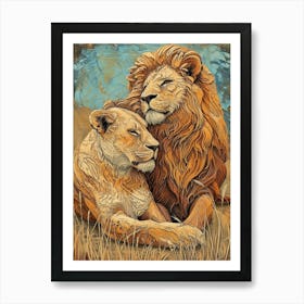 Barbary Lion Relief Illustration Family 3 Art Print