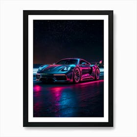 Porsche 911 in neon glow, a luxury racing car. Night speed and cyberpunk design capture automotive perfection. Art Print