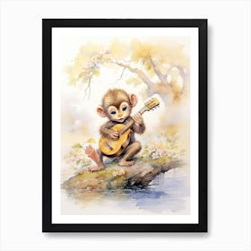 Monkey Painting Playing An Instrument Watercolour 3 Art Print