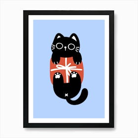 Black Cat With Gift cute christmas illustration Art Print