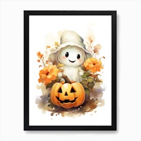 Cute Ghost With Pumpkins Halloween Watercolour 35 Art Print