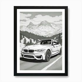 Bmw M3 Snowy Mountain Drawing 3 Art Print