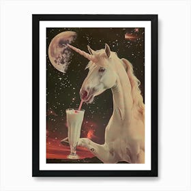 Unicorn In Space Drinking A Milkshake Retro Art Print