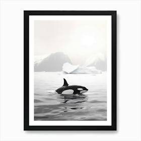 Black & White Photography Of Orca Whale With Iceberg Art Print